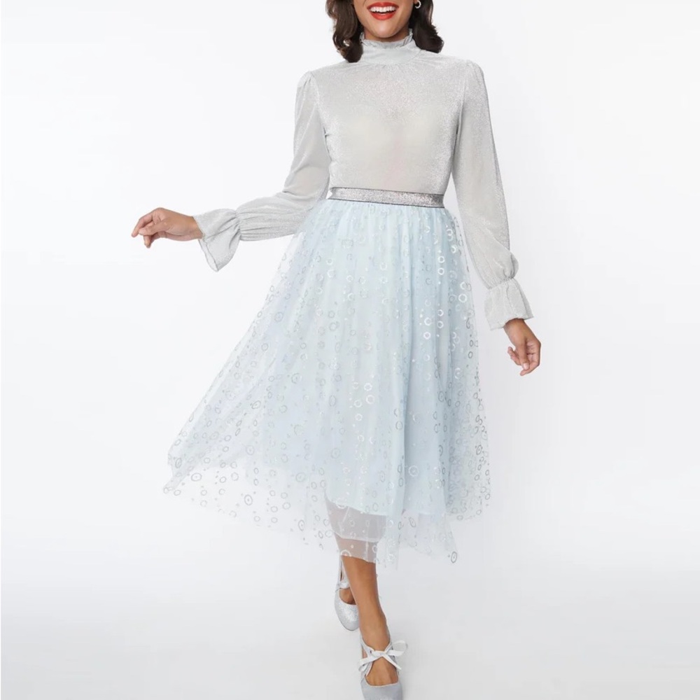 New w/tag unique vintage winter glitter light blue skirt & silver sparkle blouse